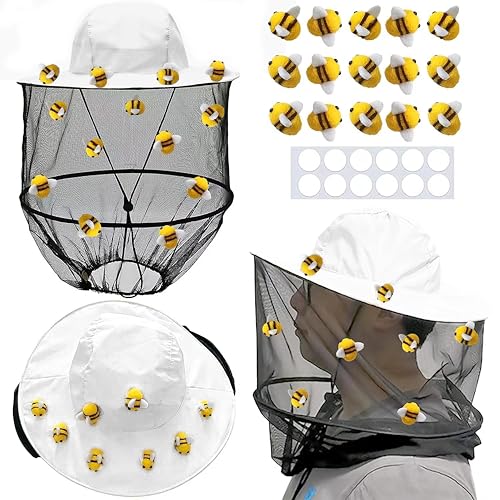 Beekeeper Set - 2Pcs Bee Hat and Veil, Wool Felt Bees, Beekeeping Helmet Bug Hats with Netting Halloween Costume