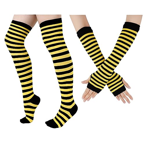 Bee Thigh High Socks and Gloves Yellow Striped Fingerless