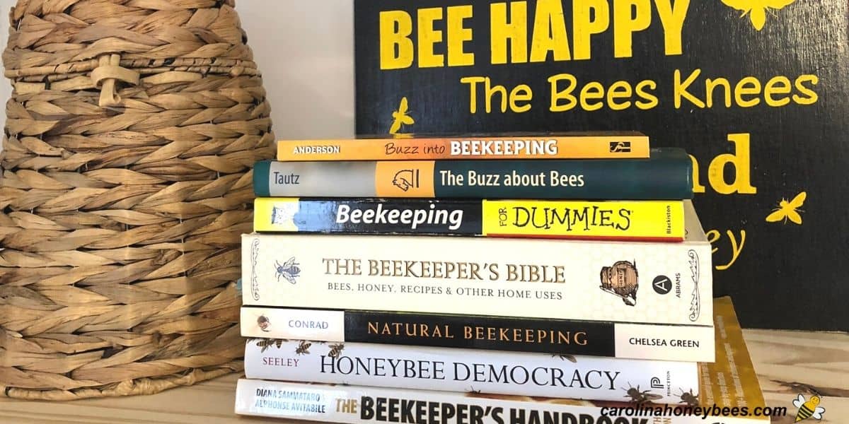 Selection of top beekeeping books on a shelf with other bee themed items.