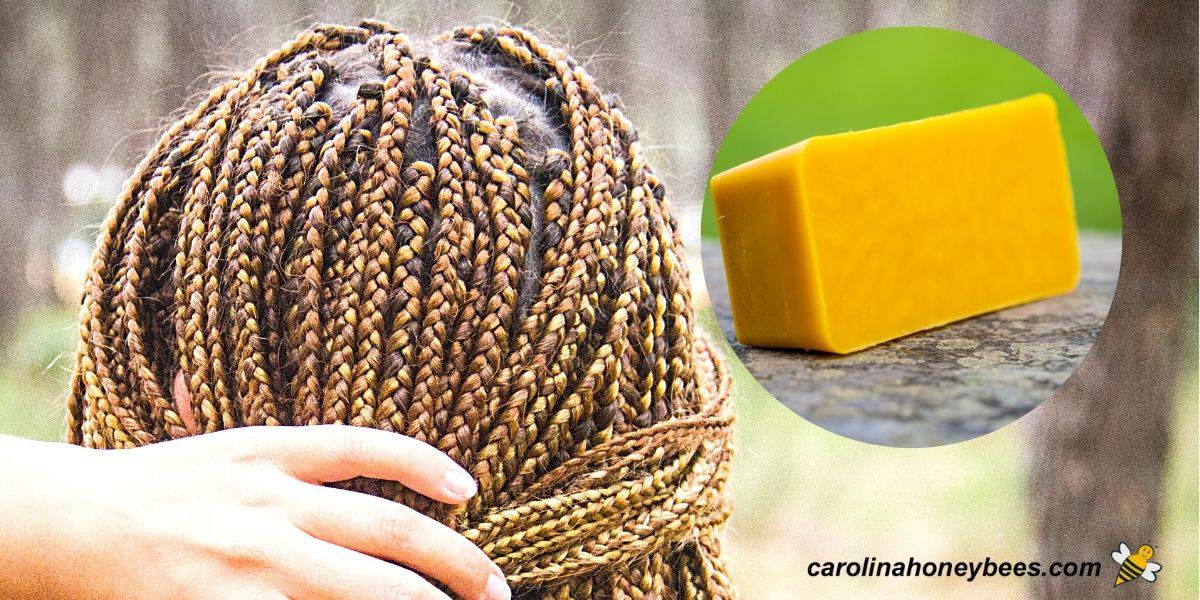 Woman with braided hair and block of beeswax for hair care image.