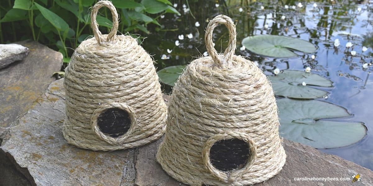 Handmade bee skep crafts made with jute cord.