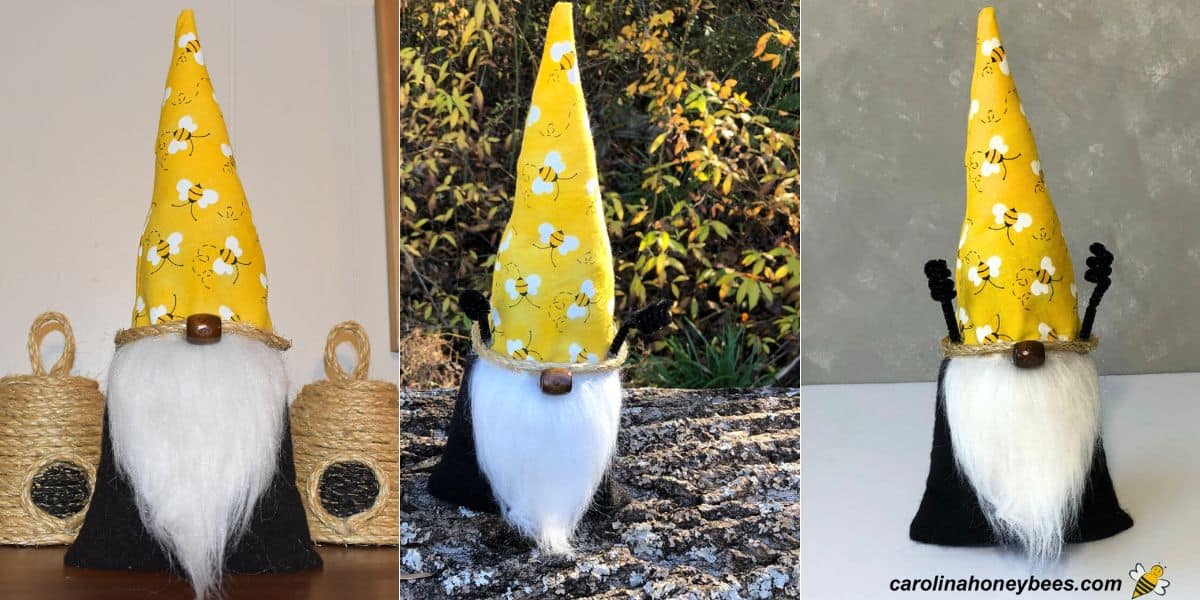 Easy honey bee gnome DIY tutorial after finishing and posing in different locations.