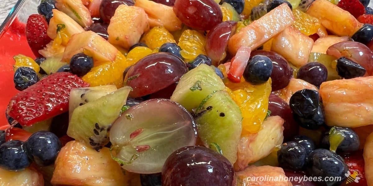 Variety of fruit made into a salad with honey lime dressing in a glass bowl.