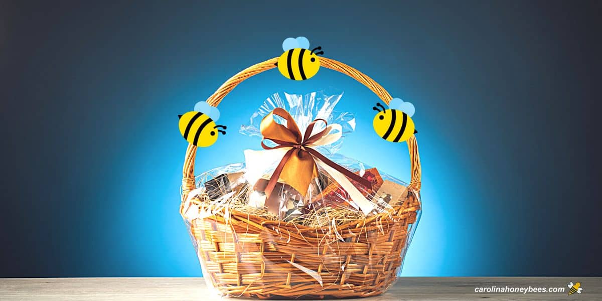 Handmade bee gift basket with honey bees on handle.