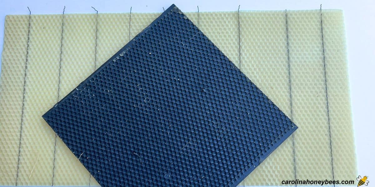 Whole sheet of beeswax foundation with crimped wire and a section of plastic foundation.