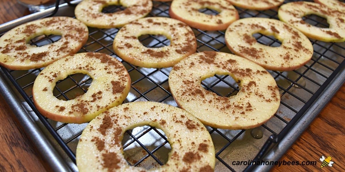 Dehydrating cinnamon apple rings with honey and spices.
