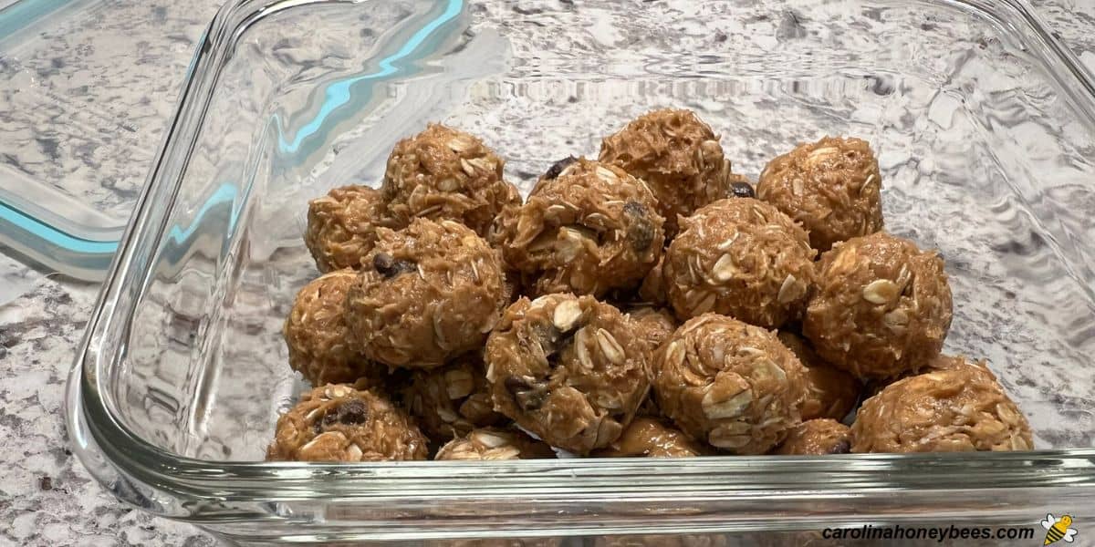 Homemade honey and peanut butter energy bites made with oatmeal in a glass container.