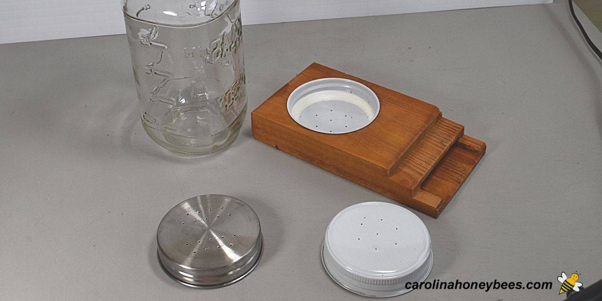 Materials to make a diy bee feeder with a jar image.