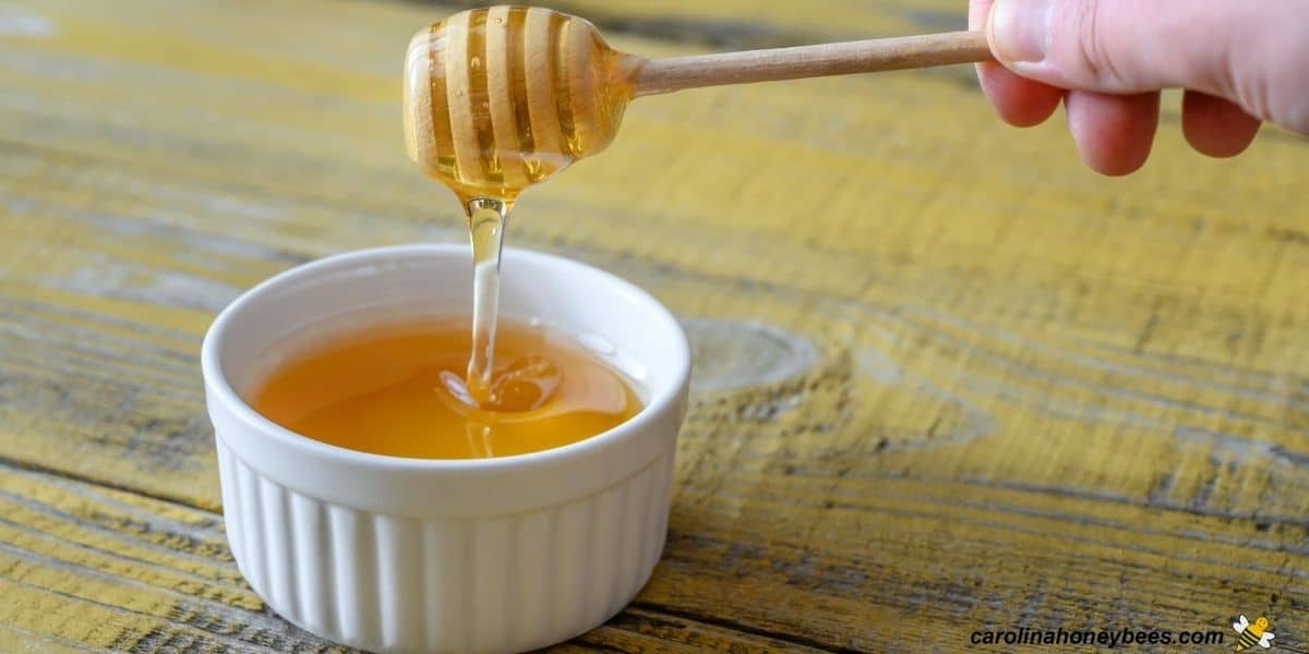Person using wooden honey dipper to serve honey.